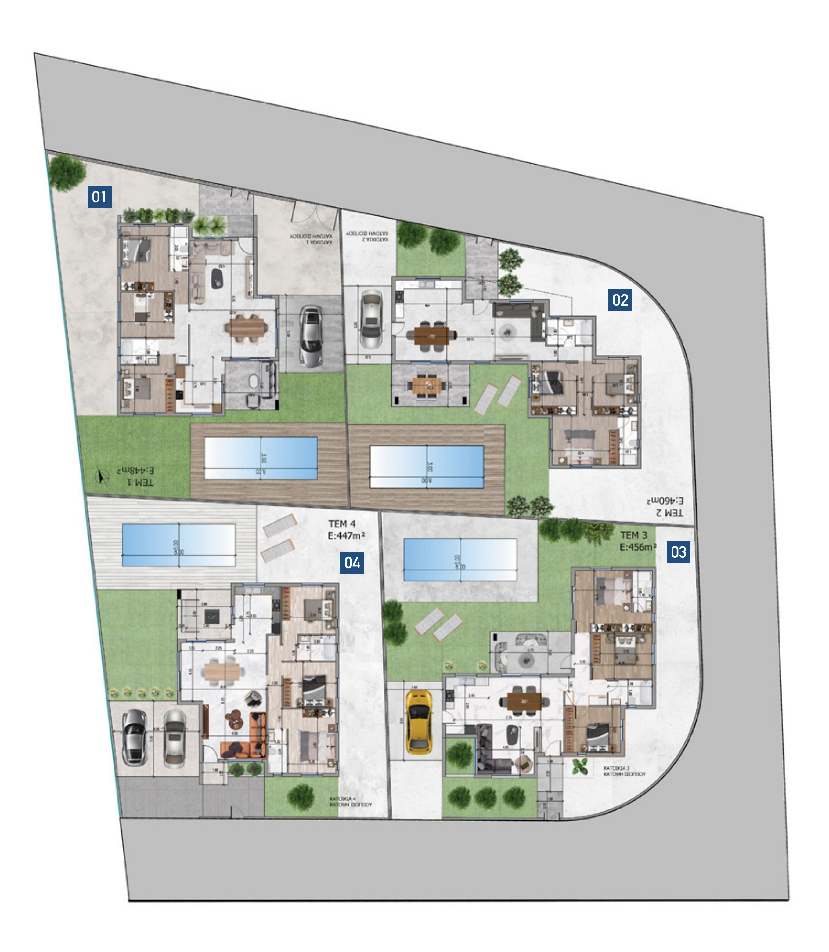 Oceania Bungalows site plan — four detached homes in Xylophagou